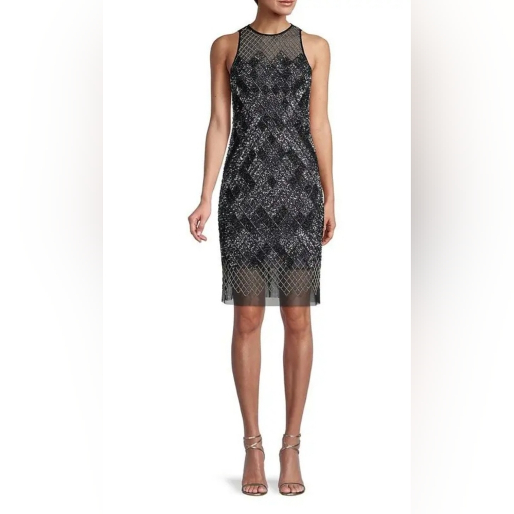 Aidan By Aidan Mattox Dress Beaded Halter Mini Silver Black Sequin Size …